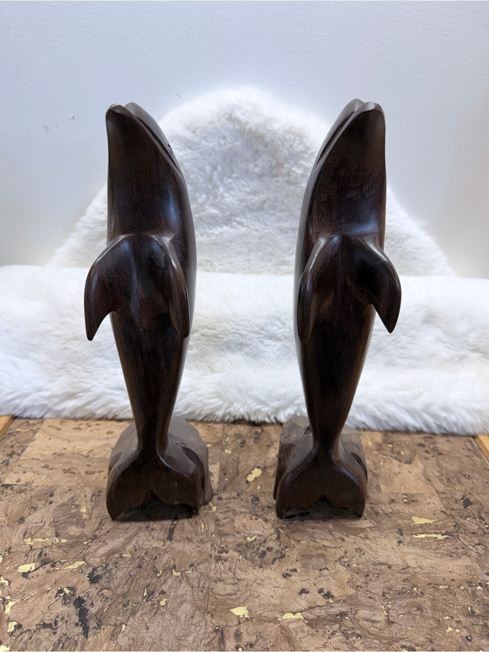 Hand-Carved Dark Wood Heavy Weight Dolphin Sculptures - Pair Folk Art 🐬 - Picture 2 of 4